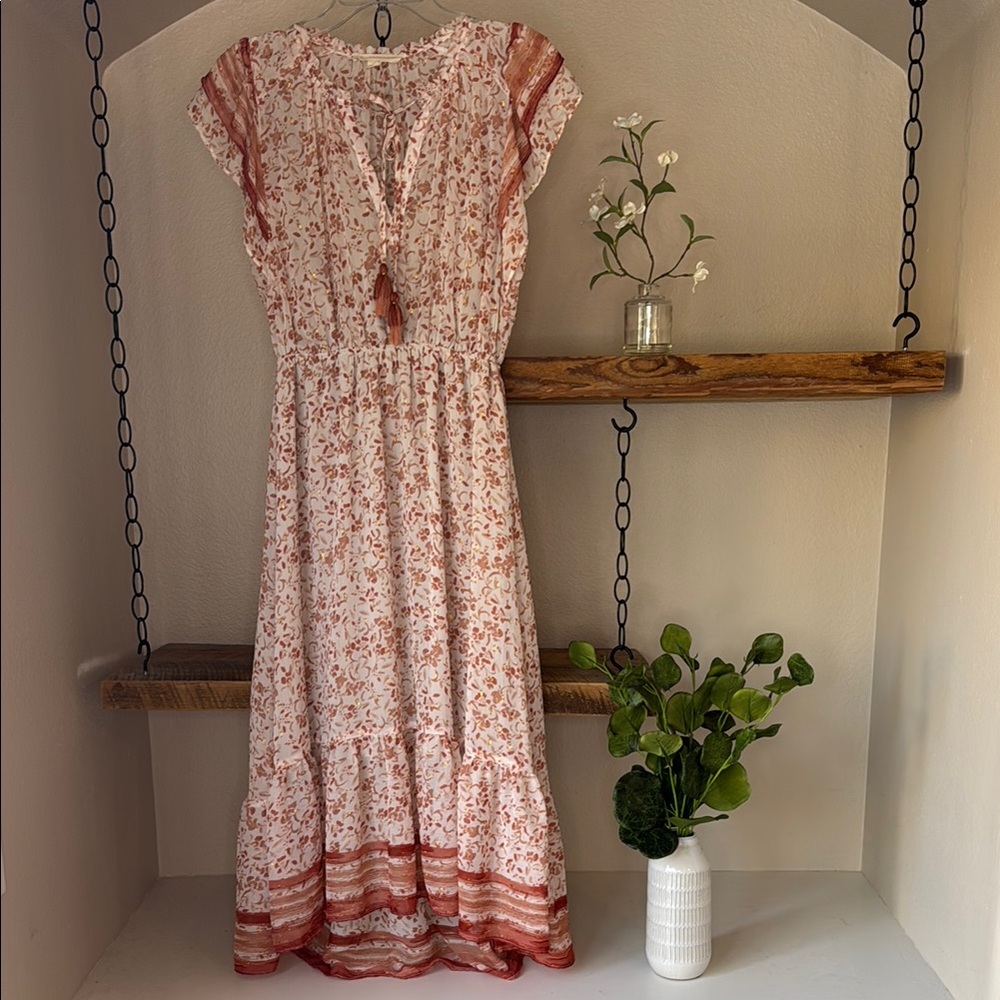 Lovestitch Boho Ruched Tiered Sundress, white and burnt orange, size S